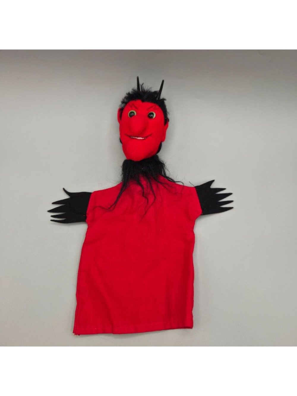 Vintage 1960s Red Devil Hand Puppet With Black Hair Cotton Fabric Felt Details